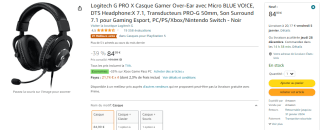 Casque gaming filaire Logitech G Pro X son surround 7.1 USB à 84,99€
