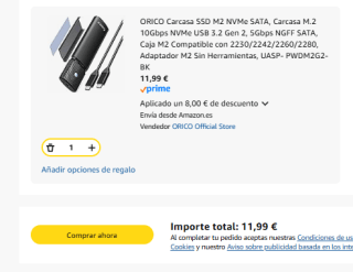 ORICO Carcasa SSD M2 NVMe SATA, Carcasa M.2 10Gbps NVMe USB 3.2 Gen 2, 5Gbps NGFF SATA por 11,99€