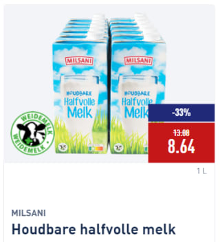 MILSANI Houdbare halfvolle melk 12 pakken voor €8,64 bij de Aldi