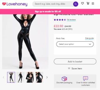 Keep a fierce wet look zip-around cut-out catsuit from Lovehoney for £22.50