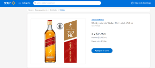 Pack de 2 Whisky Johnnie Walker Red Label 750ml por $15.990