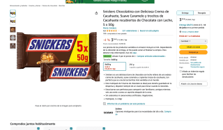3 Snickers Chocolatina con Crema de Cacahuete, Suave Caramelo y trocitos de Cacahuete recubiertos de chocolate 5 x 50g por 6,02€