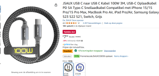 JSAUX USB C naar USB C Kabel 100W 3M voor €5,92 via Amazon