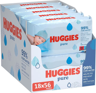 Huggies billendoekjes - Pure 99% water - 18 x 56 stuks - 1008 doekjes - voordeelverpakking voor €14,89 bij Amazon