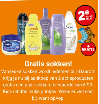 krijg je nu bij aankoop van 2 actieproducten gratis een paar sokken ter waarde van 6.99.bij kruidvat