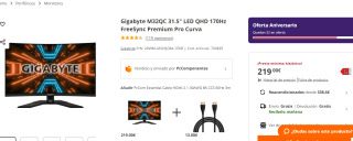 Monitor 32" 2K Gigabyte 170Hz QHD por 219€