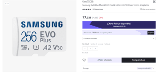Samsung EVO Plus MicroSDXC 256GB UHS-I U3 V30 Clase 10 con adaptador por 13,86€