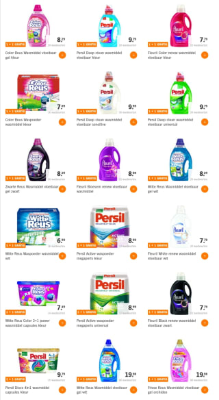 Bij Ah 1+1 gratis Alle Reus wasmiddelen t/m 80 wasbeurten, Persil en Fleuril