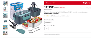 Fiambrera eléctrica de 1,5 L y 40W 220V, enchufe 220V + enchufe encendedor coche por 12,93€