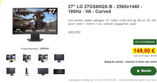 27" LG 27GS60QX-B - 2560x1440 - 180Hz - VA - Curved monitor voor €149 bij Proshop
