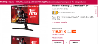 Monitor Gaming LG UltraGear 24" por 101.16€