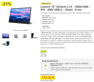 Lenovo L15 (66E4UAC1WL) - Mobile FHD Monitor - 15.6 inch voor €179 bij proshop