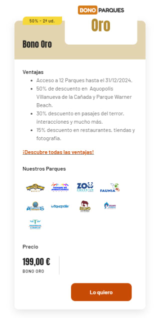 50% dto en 2ª unidad Bono Parques Oro