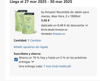 by Amazon Recambio de Jabón para manos, Aloe Vera, 2 x 1000ml por 3,56€