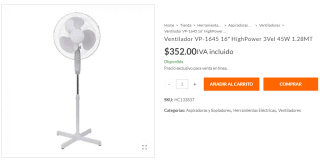 Ventilador VP-1645 16″ HighPower 3Vel 45W 1.28MT por $352 en Ferretería Calzada