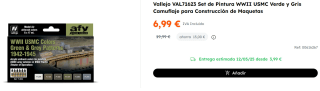Set 6 pinturas modelismo WWII USMC Colors Green & Grey Patterns 1942-1945 Vallejo 17ml por 6.99€
