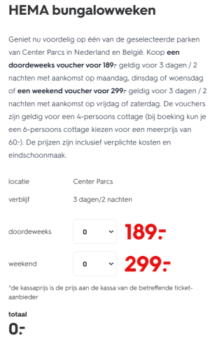 HEMA bungalowweken midweek of weekend Center Parcs vanaf €189
