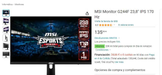 MSI Monitor G244F 23,8" IPS 170 Hz por 135€