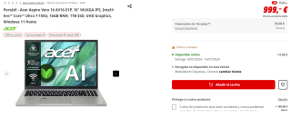 Portátil - Acer Aspire Vero 16 AV16-51P, 16" WUXGA IPS, Intel® Evo™ Core™ Ultra 7-155U, 16GB RAM, 1TB SSD, UHD Graphics, Windows 11 Home por 799.2€