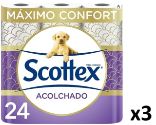 3 Packs de Papel Higiénico Seco 24 rollos Scottex Acolchado por 20.36€