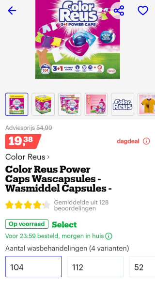 korting bij Bol.com op Color Reus power caps wasmiddel capsules voordeel verpakkingen 104 stuks