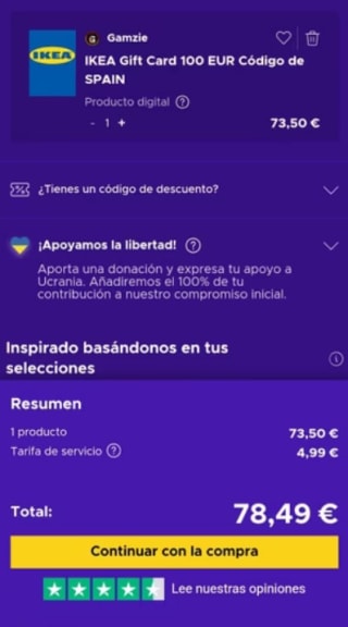 Tarjeta regalo 100€ ikea por solo 81,15€