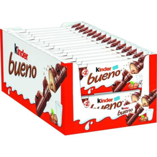 Caja KINDER BUENO 30 unidades - Compuesto por 2 barritas de crujiente barquillo envueltas individualmente, recubiertas de chocolate con leche y con un relleno cremoso de leche y avellanas por 16.45€