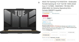 Portátil ASUS TUF Gaming F15 FX507ZV4 con Intel Core i7-12700H, 16GB RAM, 1TB SSD por 999€