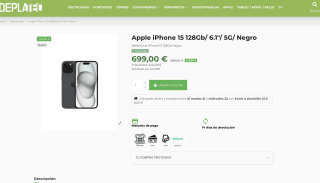 Apple iPhone 15 128GB 6.1" 5G Negro a solo 699€