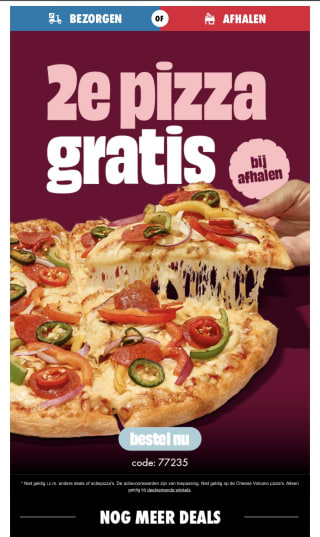 Tweede pizza gratis (afhalen) bij Domino's
