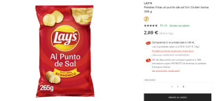 9 LAY'S patatas fritas al punto de sal Sin Gluten bolsa 265 g por 12,30€ unidad por 1,37€ preciazo