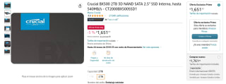 SSD Crucial BX500 2TB 3D NAND por $1,652 en Amazon