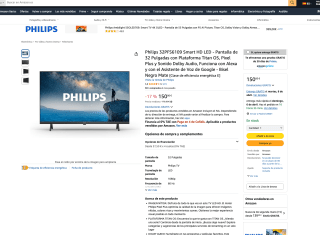 TV Philips 32PFS6109 Smart HD LED Pantalla 32" por solo 150€