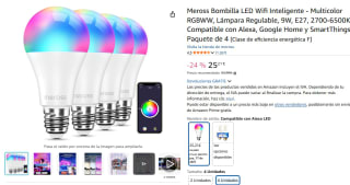 4 bombillas Meross LED Wifi Inteligente Multicolor RGBWW, Compatible con Alexa, Google Home y SmartThings por 25,21€