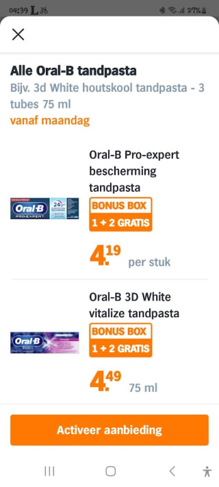 Alle Oral-B Tandpasta 1+2 gratis bij de AH