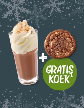 Gratis versgemaakte red velvet, triple chocolate of oatmeal koek bij aankoop van warme melk-chocolademelk bij La Place