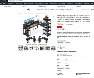 Escritorio esquinero ODK reversible de 140×137 cm con estantería por solo 106,39€