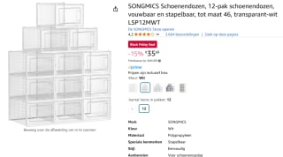SONGMICS Set van 12 schoenendozen voor schoenen voor €35,68 bij Amazon