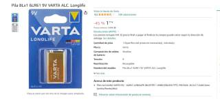 Pila BLx1 6LR61 9V marca Varta ALC. Longlife por 1,77€