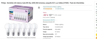 Pack 6 Philips Bombilla LED clásica mate 8W, casquillo E27, Luz Cálida (2700K) por 10,49€