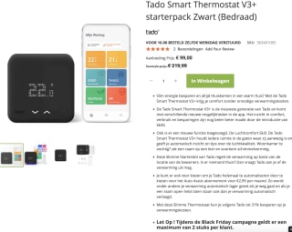 Tado Smart Thermostat V3+ starterpack Zwart (Bedraad) voor 99 euro