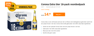 Corona Extra bier 18-pack voordeelpack voor €14,99 bij de AH
