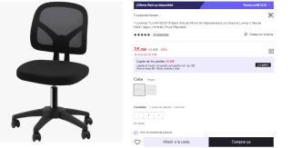 Silla de Oficina Sin Reposabrazos con Soporte Lumbar y Tela de Malla por 35.99€ (Cuenta Nueva 23.99€)