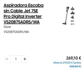 Aspiradora Samsung Escoba sin Cable Jet 75E Pro Digital Inverter VS20B75ADR5/WA por 236,55€