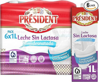 6 Brik Leche semidesnatada Président sin lactosa 1L por 5,30€