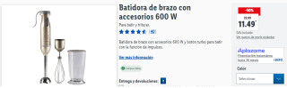 Batidora de brazo con accesorios 600 W por 11.49€