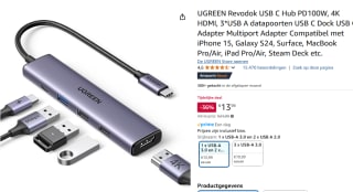 UGREEN Revodok USB C Hub PD100W voor €13,99 bij Amazon