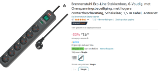 Brennenstuhl Stekkerdoos 6-Voudig met Overspanningsbeveiliging voor €15,99 bij Amazon