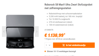 Roborock S8 MaxV Ultra Zwart Stofzuigrobot met zelfreinigingsstation voor €1.138,99 bij Nbb