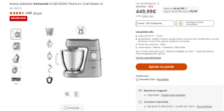 Robot pâtissier KENWOOD KVL85.009SI Titanium Chef Baker XL à 449,99€